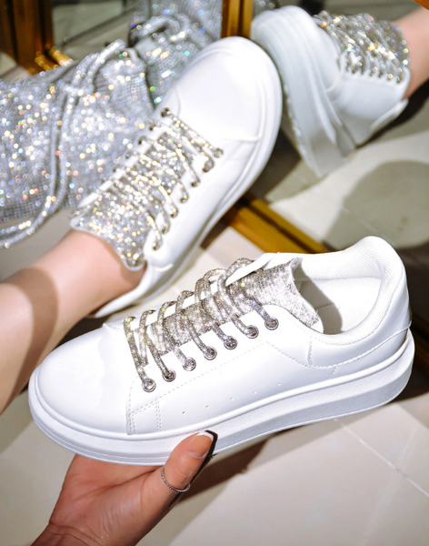 WHITE WITH RHINESTONE LACES AND ACCENT TENNIS SHOES