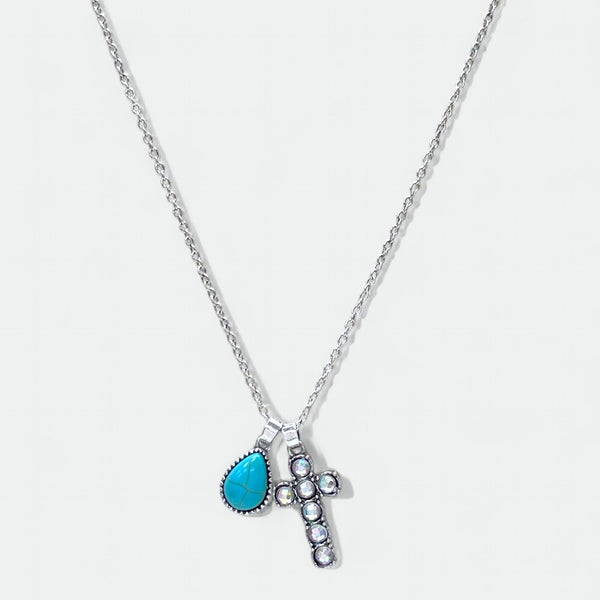 Rhinestone Cross & Turquoise Stone Teardrop Necklace