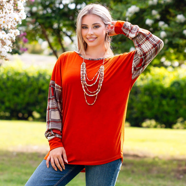 RUST LONG SLEEVE TOP WITH PLAID SLEEVES