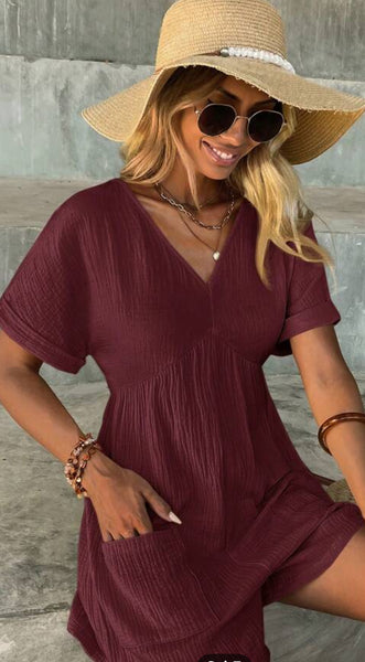 Wine Color V Neck Romper