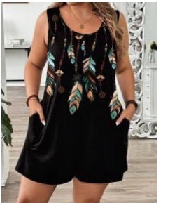 Casual Retro Feather Print Plus Size Romper
