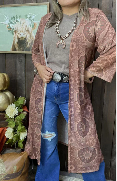Tan floral printed 3/4 sleeve women cardigan