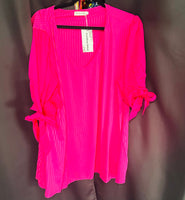 FUCHSIA RIBBED SHORT SLEEVE TOP WITH TIE BOW SLEEVES