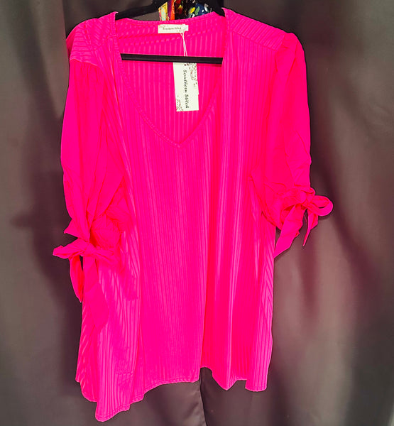 FUCHSIA RIBBED SHORT SLEEVE TOP WITH TIE BOW SLEEVES