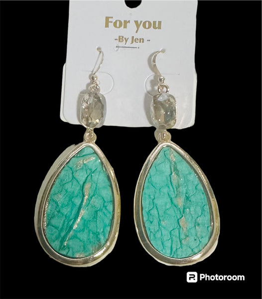 TURQUOISE LEATHER DROP EARRINGS WITH RHINESTONE