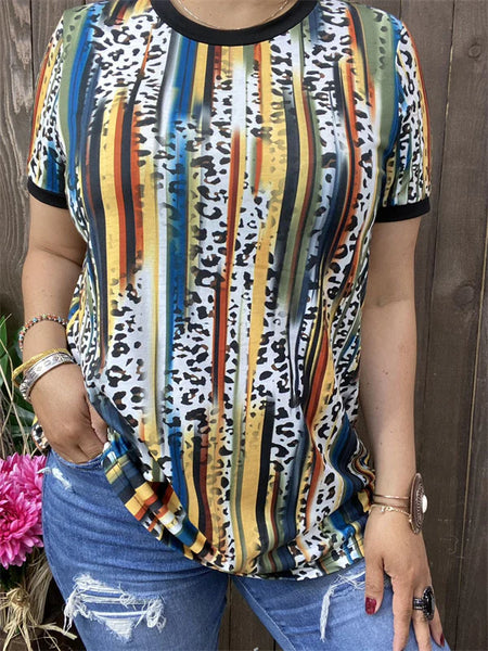 Serape&Leopard multi color printed short sleeve top