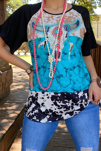 COW PRINT AND TURQUOISE WITH COW SKULL SHIRT