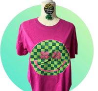 GREEN CHECKERED SMILEY FUCHSIA T SHIRT