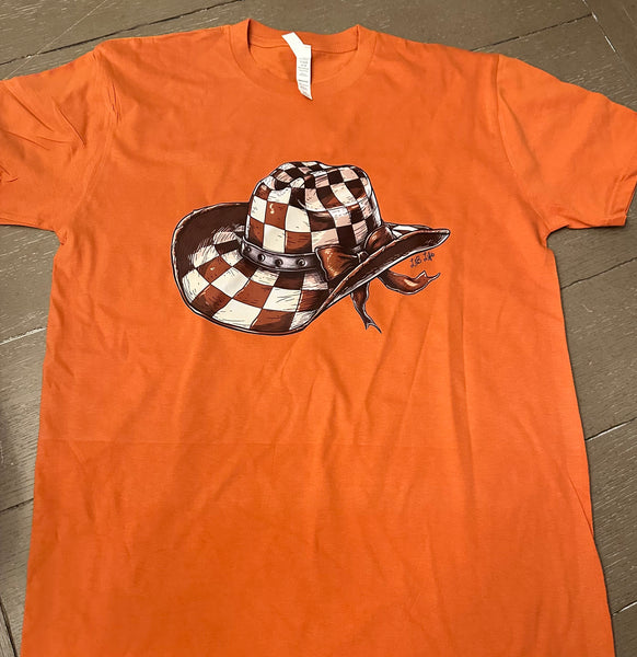 BROWN CHECKERED COWBOY HAT RUST UNISEX T SHIRT