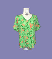 NEON GREEN LEO PRINT RUFFLE SLEEVE TOP