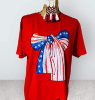 RED WHITE AND BLUE BOW RED T SHIRT