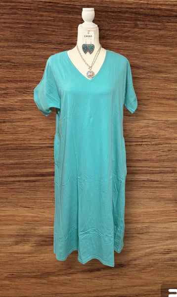 TURQUOISE SHORT SLEEVE MAXI DRESS WITH POCKETS