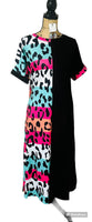 MULTI COLOR LEOPARD AND BLACK COLOR BLOCK MIDI DRESS