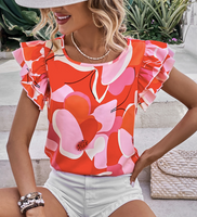 RED PINK WHITE FLORAL RUFFLE SLEEVE TOP