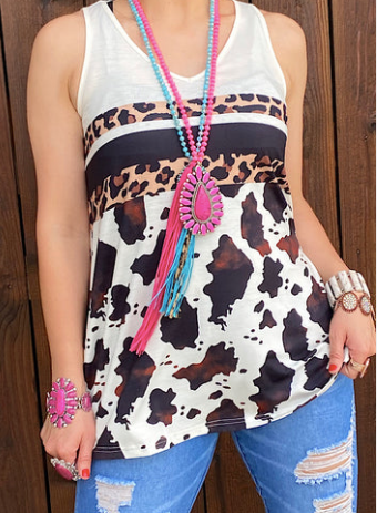 CREAM TANK TOP WITH LEOPARD AND COW PRINTS