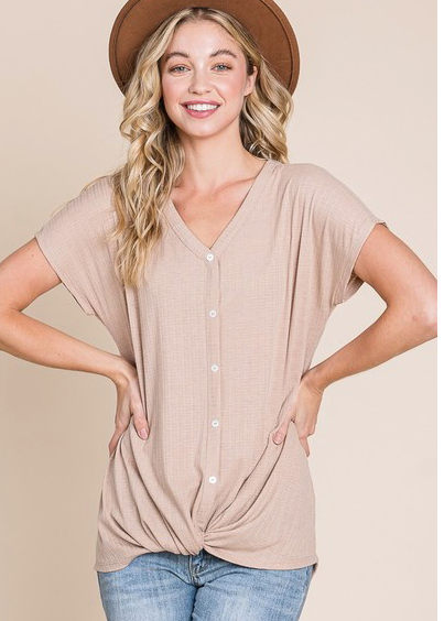 HEATHER GREY RIBBED BUTTON TOP WITH TWIST HEM