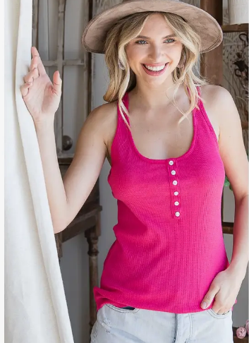 FUCHSIA BUTTON FRONT RIBBED TANK TOP