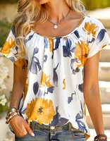 WHITE FLORAL TOP WITH CREW NECK LINE