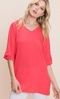 CORAL GAUZE MATERIAL TOP WITH RUFFLED SLEEVES