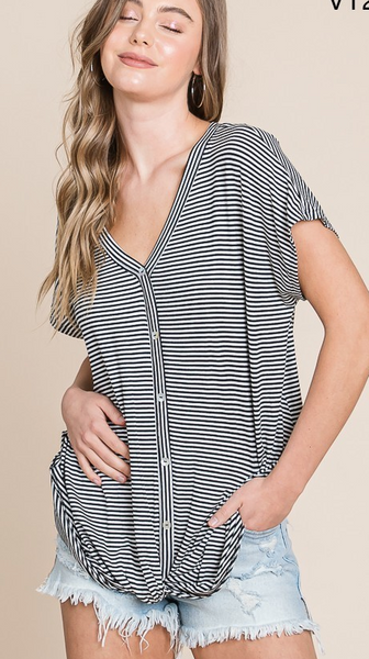 BLACK AND IVORY STRIPE BUTTON KNOT TOP