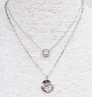 SILVER DOUBLE LAYERED RHINESTONE AND HAMMERED COIN NECKLACE