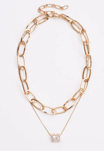 DOUBLE LAYERED RHINESTONE AND CHAIN NECKLACE
