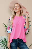 HOT PINK RIBBED TOP WITH MULTI COLOR PRINTED SLEEVES