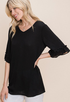 BLACK RAYON RUFFLE SLEEVE TOP