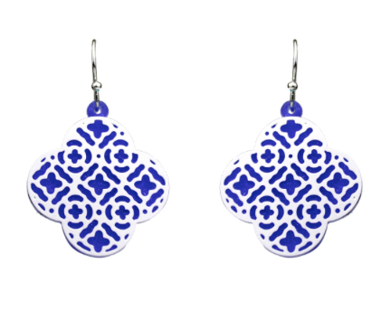 ROYAL BLUE AND SILVER QUATREFOIL EARRINGS