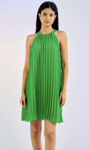 GREEN PLEATED HALTER TOP DRESS