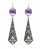 SILVER PATTERNED METAL EARRINGS WITH BIG RHINESTONE