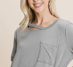 OLIVE DISTRESSED NECKLINE LONG SLEEVE TOP WITH POCKET