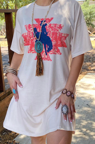 BEIGE BUCKING COWBOY AND CORAL AZTEC PRINTED T SHIRT DRESS