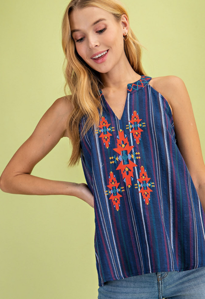 BLUE EMBROIDERED AZTEC SLEEVELESS TOP