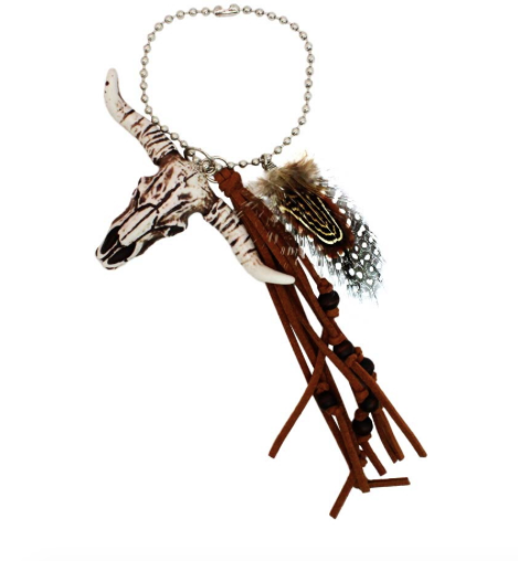 COW SKULL AND FEATHER WITH LEATHER TASSEL CAR CHARM
