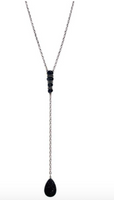 LONG SILVER WITH BLACK TURQUOISE STONE DROP NECKLACE