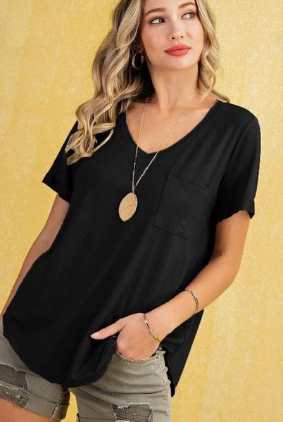 BLACK V NECK POCKETED FRONT SLOUCHY TEE X