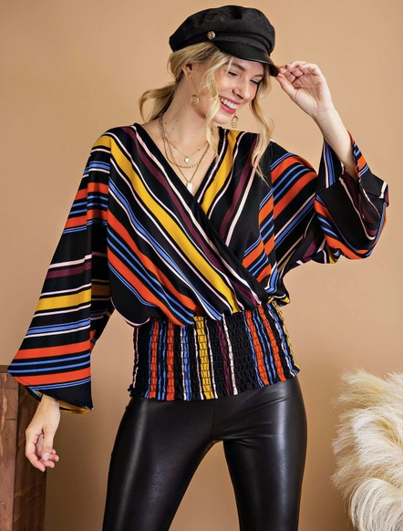 BLACK MULTI STRIPED PRINTED TOP WITH SMOCKED WAISTBAND