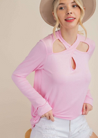 BUBBLE GUM CRISS CROSS CUTOUT LONG SLEEVE TOP