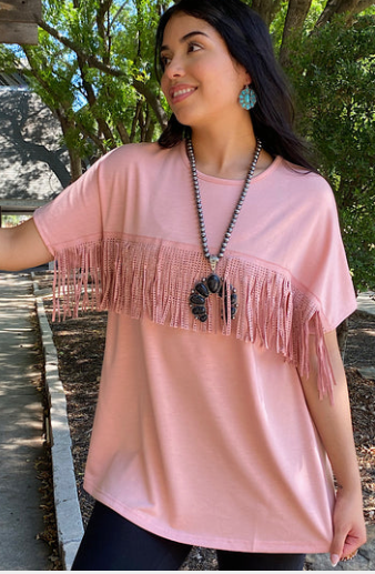BLUSH SHORT SLEEVE TOP WITH FRINGE AND METAL DETAILING
