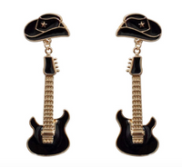 BLACK AND GOLD COWBOY HAT AND  GUITAR EARRINGS