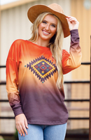 OMBRE ABSTRACT WITH AZTEC LONG SLEEVE TOP