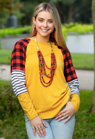 MUSTARD LONG SLEEVE TOP WITH BUFF PLAID AND STRIPE DETAIL