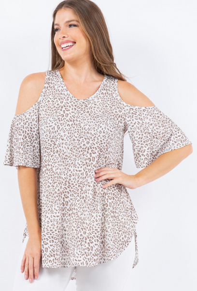 CREAM CHEETAH TOP WITH COLD SHOULDER SLEEVES
