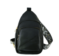 BLACK CROSSBODY SLING BAG WITH EMBROIDERED STRAP