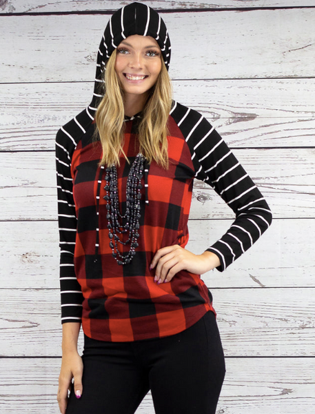 RED BUFFALO PLAID HOODIE WITH BLACK AND WHITE STRIPE SLEEVES