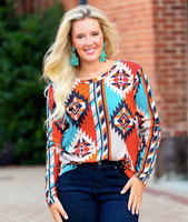 MULTI ABSTRACT AZTEC WAFFLE LONG SLEEVE TOP