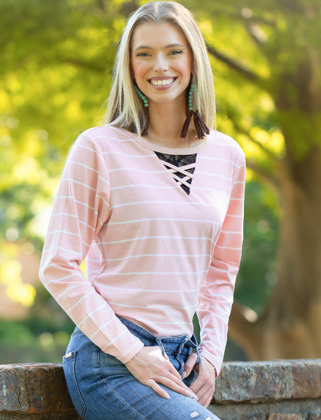 MAUVE STRIPE LONG SLEEVE TOP WITH LACE DETAIL