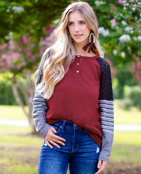 WINE WITH LACE AND STRIPE LONG SLEEVE TOP