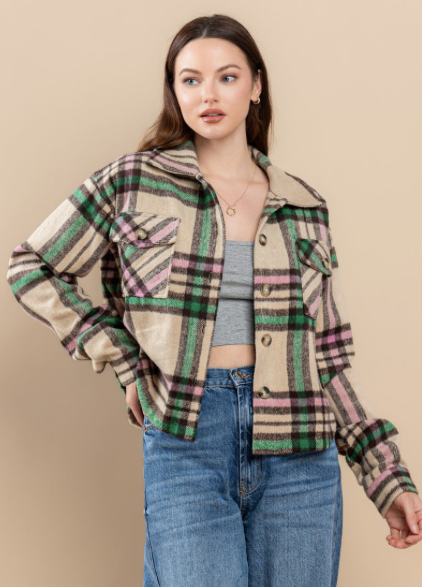 GREEN AND PURPLE PLAID CROPPED SHACKET